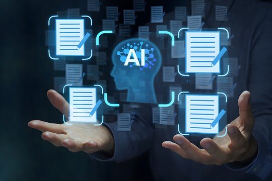 AI-powered document generation. Automatic summarization. Generative AI for proofreading and editing. Businessperson holding an artificial intelligence icon.