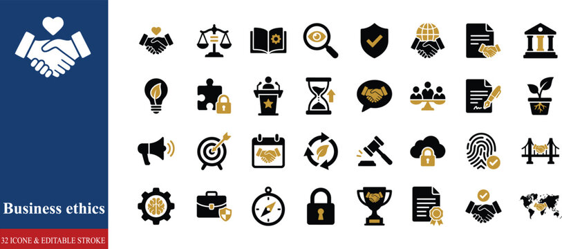 Corporate Ethics Solid Icon Collection with Integrity, Compliance, Justice, Leadership, Trust and Responsibility Symbols on transparent background