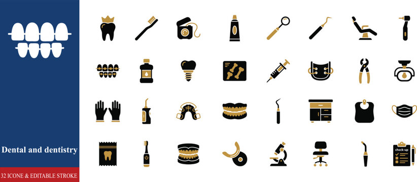 Dentistry & Oral Healthcare Solid Icon Set with Tooth Implant, Braces, Root Canal and Dental Care Symbols on transparent background