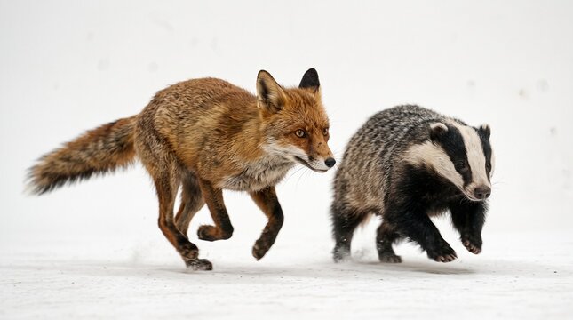 Fox and Badger Running Through Snowy Landscape