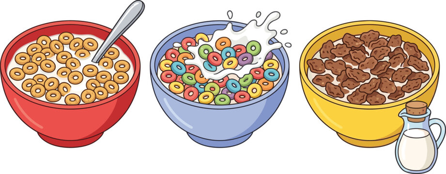 Breakfast Cereal Bowls Vector Set Featuring Honey Loops with Spoon Colorful Fruit Rings with Milk Splash and Chocolate Flakes with Milk Jug