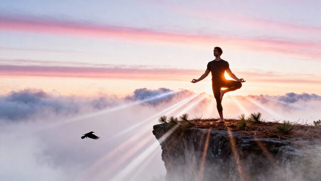 Silhouette of person practicing yoga at sunrise on cliff edge with ocean view, serene meditation moment in golden light, 4k wallpaper for commercial creative projects for commercial creativ siyam