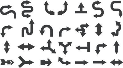 Directional Arrow Sign Icon Set Featuring Road Navigation, Route Guidance, and Traffic Direction Symbols © Komola