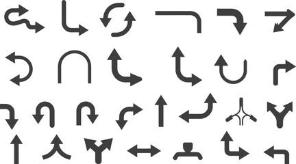 Directional Arrow Sign Icon Set Featuring Road Navigation, Route Guidance, and Traffic Direction Symbols © Komola