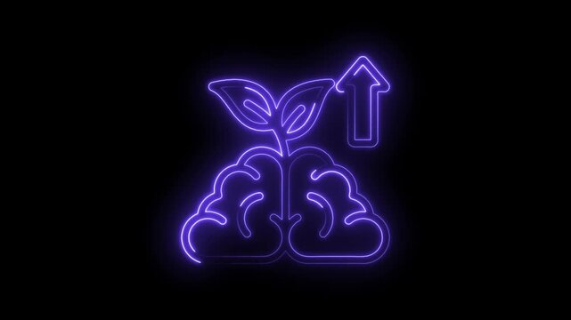 Neon brain with growing plant and upward arrow glowing purple on black background icon