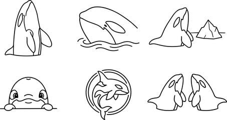 Minimalist Killer Whale Line Art Icon Set Featuring Cute Orca Characters and Iceberg Elements for Digital Design Layouts © MdImran