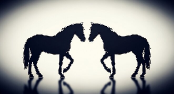 Silhouettes of two horses facing each other against a soft, diffused light, with reflections below.