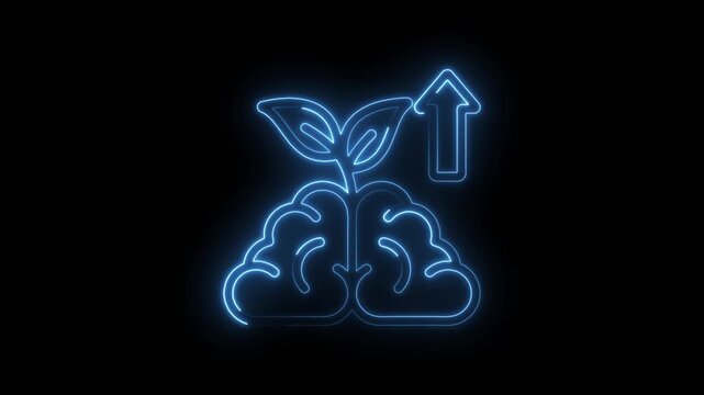 Glowing blue neon brain with growing plant and upward arrow abstract concept of learning icon