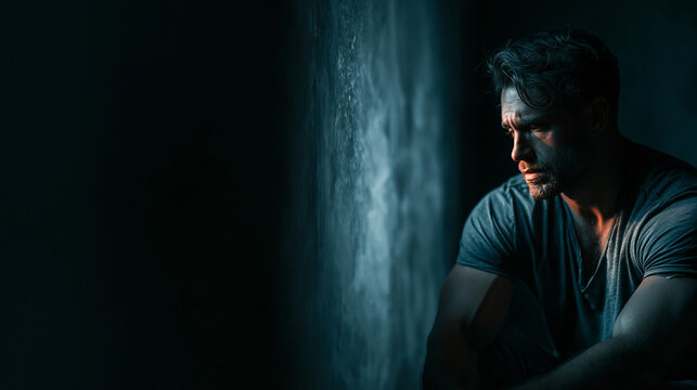 Medium shot a man sitting in the black room alone , and looking the black wall , sad and dark mood.