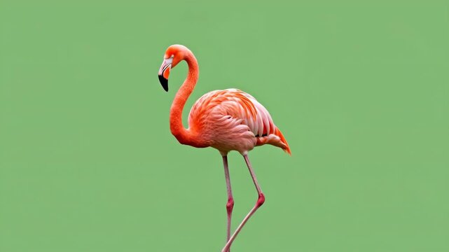 Elegant pink flamingo standing gracefully against a vibrant green background
