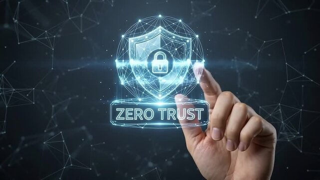 Zero trust concept with digital shield hologram and lock symbol showing secure access management for cybersecurity protection in network system ensuring data safety and control