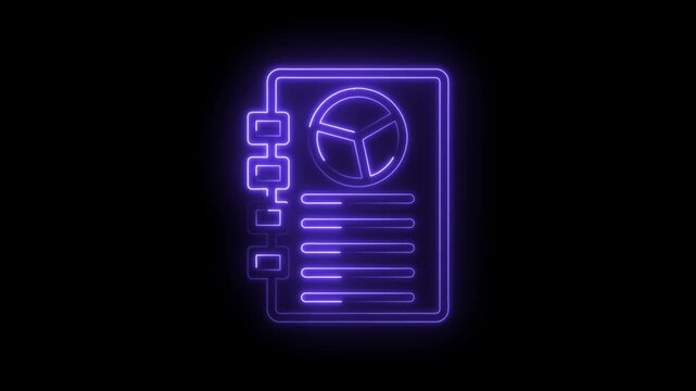Neon purple glowing icon of a document with a pie chart and bullet points on a black background