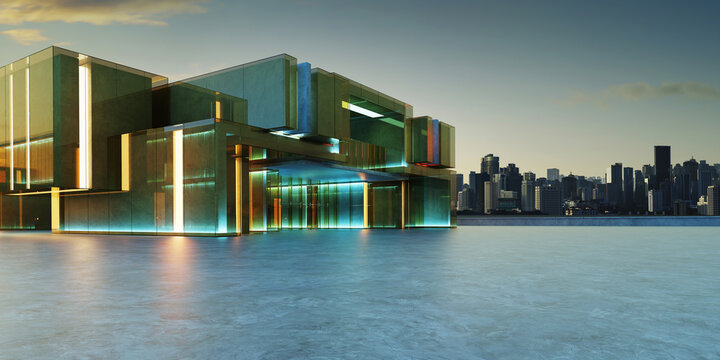 3d rendering modern building with glass facade and cityscape background