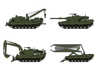 Fototapeta premium Collection of military tanks with different weapons and equipment in various configurations for defense and combat