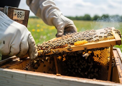 Beekeeper Inspecting Honeycomb Frame With Bees at Apiary, Sustainable Beekeeping and Honey Production