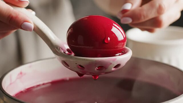 Red Easter egg in a slotted spoon held over a bowl of red dye, traditional Easter celebration