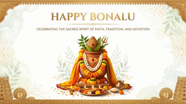 Happy bonalu festival greeting with traditional decorated pot