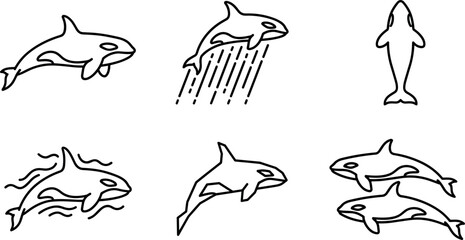 Minimalist Orca Killer Whale Line Art Vector Icon Set Featuring Jumping Sea Mammals Ocean Waves Top View Swimming and Marine Wildlife Logos © MdImran