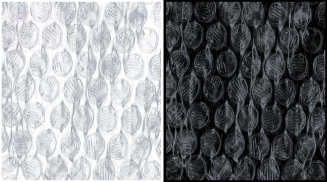 Grungy bubble wrap texture set, industrial plastic packaging material in black and white, distressed bubblewrap overlay for design projects