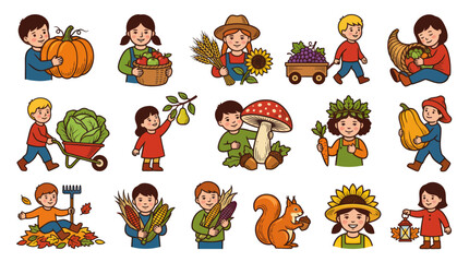 Fototapeta premium Autumn Harvest Cartoon Kids with Pumpkin, Corn, and Fruits