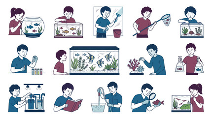 Fototapeta premium Children Caring For Fish Tanks, Flat Vector Icons Set