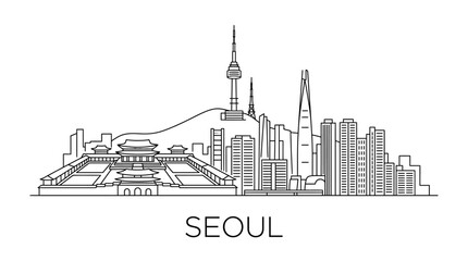 Obraz premium Seoul city skyline, Korea, iconic landmarks, historical palace, modern architecture, tower, outline drawing