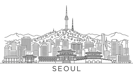 Obraz premium Seoul City Skyline with Namsan Tower and Palaces - Line Art Illustration