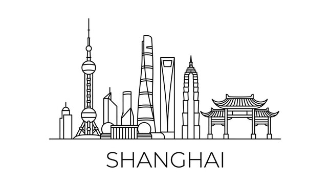 Shanghai Skyline Silhouette - Iconic Landmarks Line Art