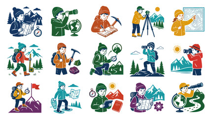 Fototapeta premium Vector Cartoon Illustrations of Kids Exploring Nature: Outdoor Education, Adventure Learning Set