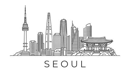 Fototapeta premium Seoul Skyline Icon: Modern Cityscape & Traditional Korean Architecture Outline