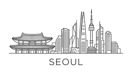 Fototapeta premium Seoul Skyline Icons - Traditional Palace and Modern Architecture Line Art