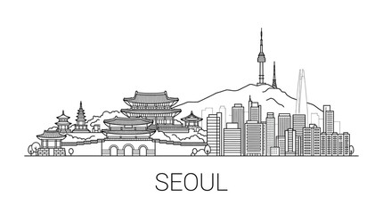 Obraz premium Seoul skyline illustration with traditional palaces and modern skyscrapers outline