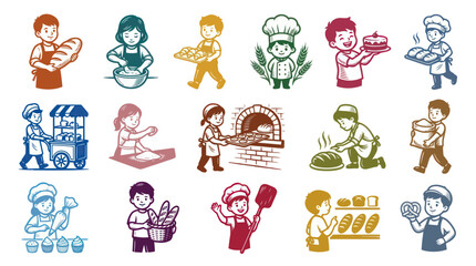 Obraz premium Baking Food Industry Cartoon Vector Illustrations: Cute Bakers, Bread, Cakes, Pastries, Oven Tools Icons Set