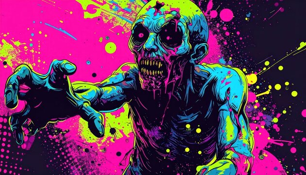 Horror Zombie in Neon Punk Style with Bright Splatter Background