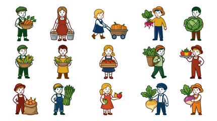 Fototapeta premium Diverse cartoon farmers holding fresh organic vegetables, flat vector illustration