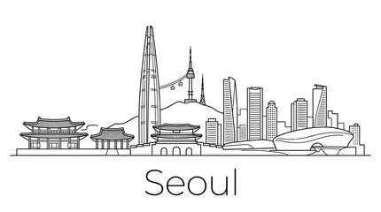 Obraz premium Seoul skyline panorama, South Korea drawing, Korean landmarks, city silhouette
