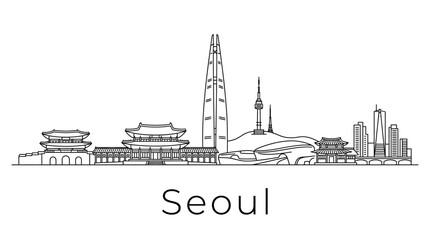 Naklejka premium Seoul Skyline Silhouette: Famous Landmarks, Korean Architecture, Modern Buildings