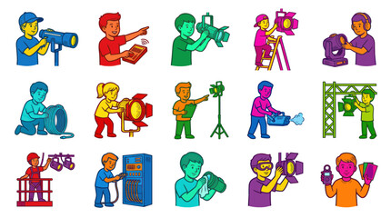 Fototapeta premium Children illustration of stage lighting technicians working with equipment in cartoon style