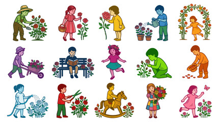 Naklejka premium Kids Gardening Activities with Roses and Flowers Vector Cartoon Illustration Set