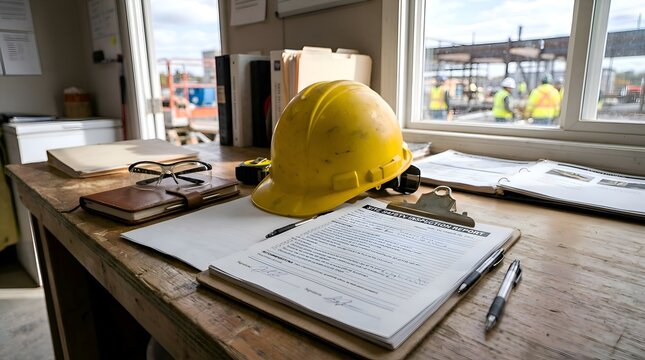 Construction Site Office Desk with Hard Hat, Clipboard and Plans
