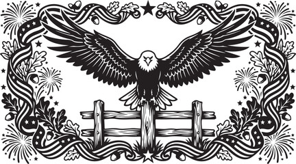 Fototapeta premium American eagle illustration, patriotic vector, black and white artwork, decorative border design