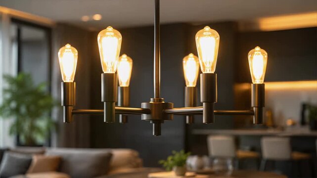 Modern chandelier with vintage bulb warm light for living room interior, elegant home decor, cozy contemporary stylish metal fixture