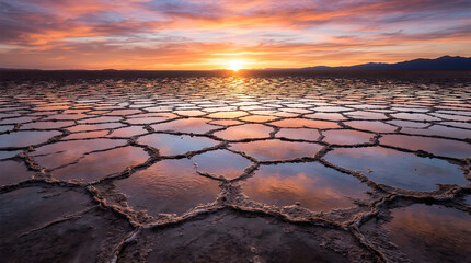 Obraz premium Beautiful sunset over the dry cracked earth of a salt flat in the desert with colorful clouds in the bright evening sky