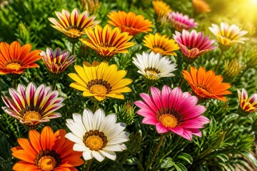 Fototapeta premium Vibrant daisies bloom in warm, sunlit garden. Petals shift from pink to orange, yellow, and white. Sunlight filters through lush green foliage. Natural beauty radiates joy and freshness