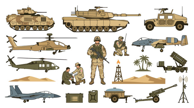 Military Vehicles and Soldiers Flat Vector Illustration for Army and Defense Niche