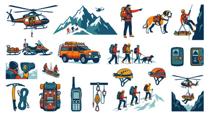 Fototapeta premium Mountain Rescue Vector Icons: Helicopter, Snowmobile, SUV, Dog, and Climbers