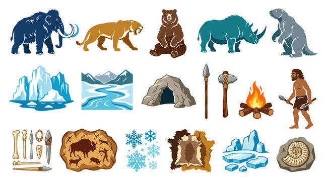 Ice Age Animals  Caveman Icons, Flat Design, Prehistoric Mammals, Tools, Campfire, Cave