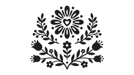Fototapeta premium A black silhouette illustration of a botanical design featuring flowers and leaves on a white background.