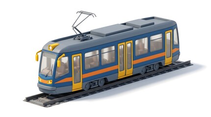 Fototapeta premium Modern tram moving on tracks with bright orange detail during daylight isolated on white background