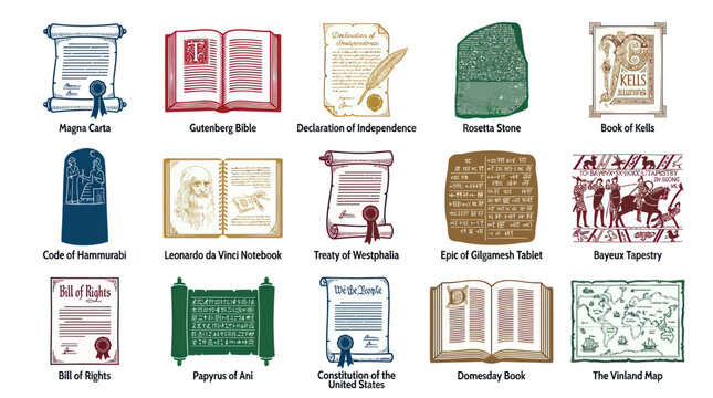 Historical Documents and Books Collection - Vector Illustrations of Famous Artifacts